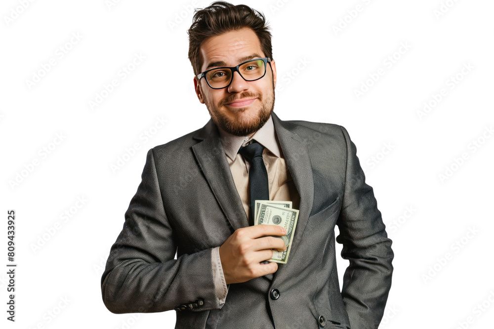 A businessman with a sly grin, slyly slipping a wad of cash into someone's pocket, hinting at a secret deal. ., realistic photos on a white background A businessman with a sly grin, slyly slipping a wad of cash into someone's pocket, hinting at a secret deal. ., realistic photos on a white background
