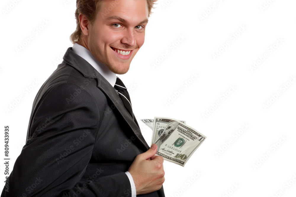 A businessman with a sly grin, slyly slipping a wad of cash into someone's pocket, hinting at a secret deal. ., realistic photos on a white background A businessman with a sly grin, slyly slipping a wad of cash into someone's pocket, hinting at a secret deal. ., realistic photos on a white background
