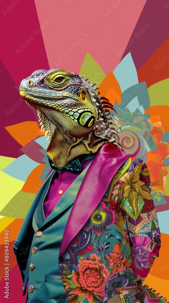 Elegant iguana in colorful abstract suit on vibrant background