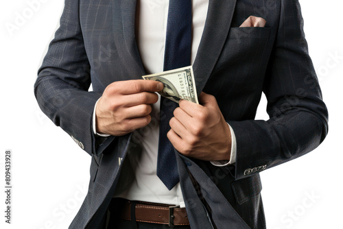 A businessman with a sly grin, slyly slipping a wad of cash into someone's pocket, hinting at a secret deal. ., realistic photos on a white background