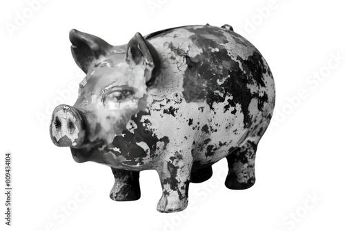 A captivating black and white photograph of a weathered piggy bank, its well-worn surface hinting at years of savings and financial prudence. .,realistic photos on a white background