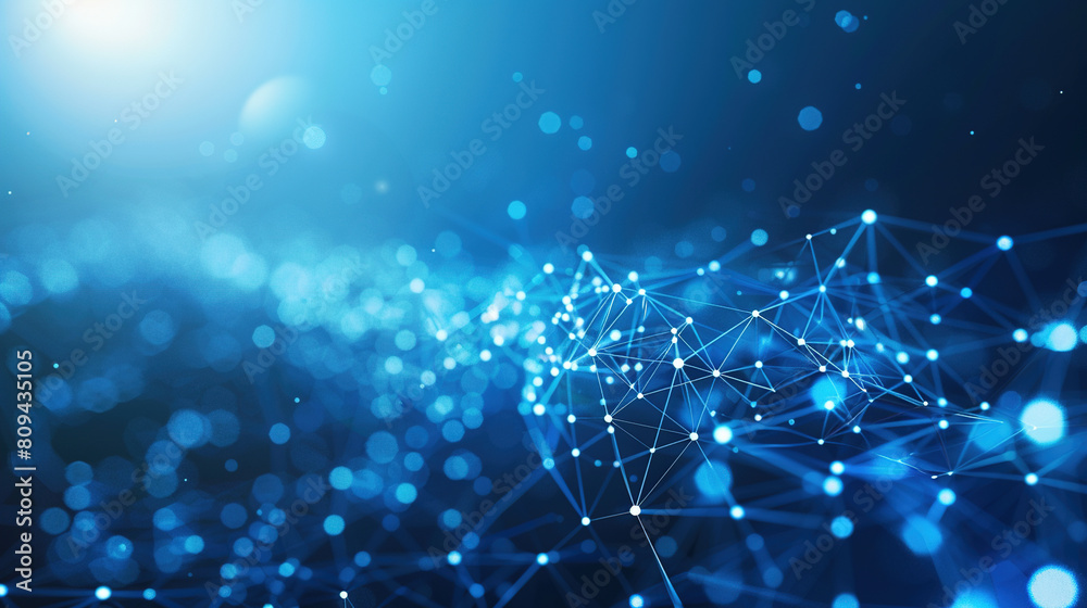 Abstract connected dots and lines on blue background. Communication and technology network concept with moving lines and dots Abstract connected dots and lines on blue background. Communication and technology network concept with moving lines and dots