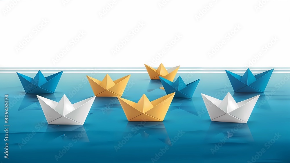 A minimalist illustration showcases paper boats symbolizing the Canary Islands, floating on a serene sea in vibrant blue, yellow, and white hues. Simplicity, beauty, and artistic expression.
