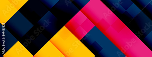 Vibrant colors like magenta, electric blue, and yellow create a striking pattern of rectangles and triangles on a colorful background, showcasing symmetry and artistic flair