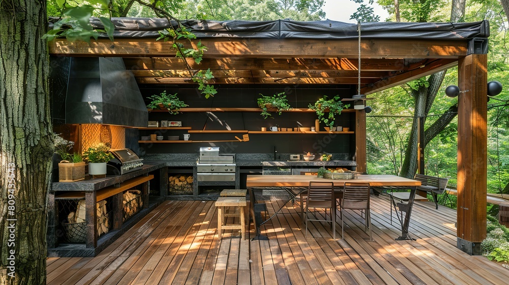 Unwind and Connect with Loved Ones in the Serene Setting of a Rustic Outdoor Kitchen and Dining Area, Surrounded by Nature's Embrace Unwind and Connect with Loved Ones in the Serene Setting of a Rustic Outdoor Kitchen and Dining Area, Surrounded by Nature's Embrace