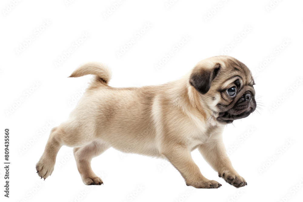 A playful Pug puppy with wrinkles on its face and a curled tail, chasing after its own tail in circles. ., realistic photos on a white background A playful Pug puppy with wrinkles on its face and a curled tail, chasing after its own tail in circles. ., realistic photos on a white background