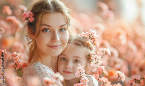 A woman and a child are hugging in a field of pink flowers. The woman has blue eyes and the child has brown hair. Scene is warm and loving
