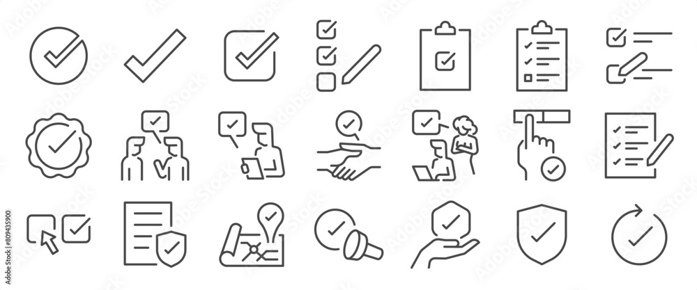 Check icon set. It includes verify, approve, checkmark, endorse, and more icons. Editable Vector Stroke.
Check icon set. It includes verify, approve, checkmark, endorse, and more icons. Editable Vector Stroke.