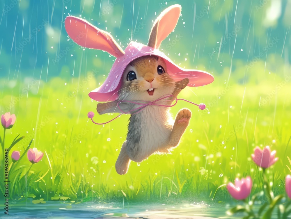 Raining Rabbit Cartoon illustration of a happy bunny in a pink rain hat, jumping with ...