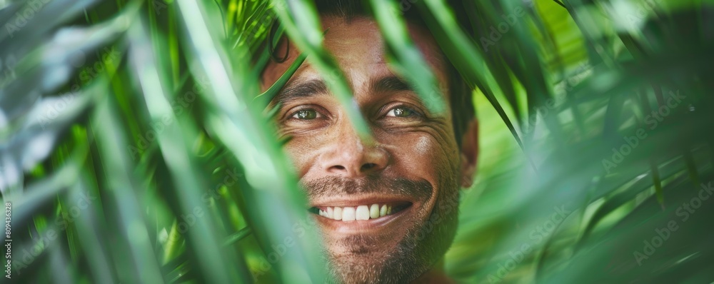 Joyful man peering through lush green leaves Joyful man peering through lush green leaves
