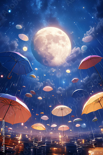 Surreal artistic image of multiple colorful umbrellas floating in the night sky, wet surface below, moon providing a mystical backdrop