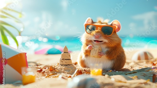 A cheerful hamster in a tiny bikini and sunglasses, building a sandcastle. The scene is detailed with a playful, sunny beach background in 3D. Mood: cheerful, creative. photo