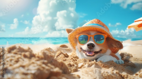 A joyful dog in a bright sun hat and sunglasses, digging a hole in the sand. The beach scene is vibrant and sunny in 3D, capturing a playful and energetic mood.