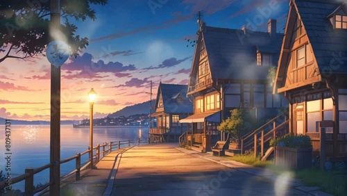 village atmosphere on the edge of the pier in the late afternoon, cartoon or anime watercolor digital painting illustration style. seamless looping 4k video animation background. photo