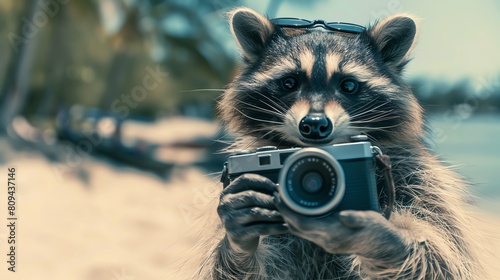 A mysterious raccoon photographer snapping photos on the beach, with vintage camera and pilot sunglasses