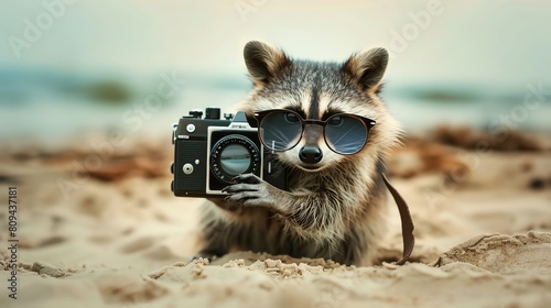 A mysterious raccoon photographer snapping photos on the beach, with vintage camera and pilot sunglasses photo
