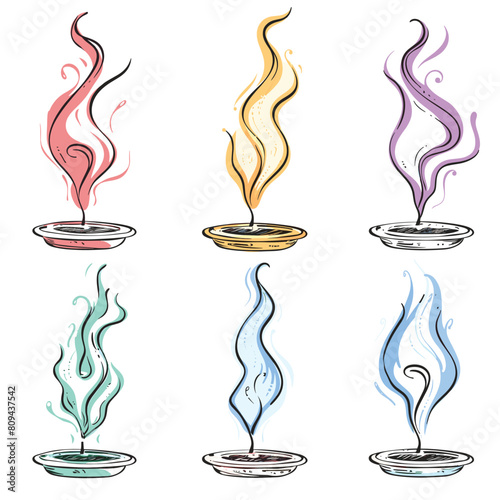 Six colorful incense sticks burning illustration, smoke rising holders, vibrant hues pink, gold, purple, green, teal, blue incense. Handdrawn incense sticks set, aromatic therapy, meditation