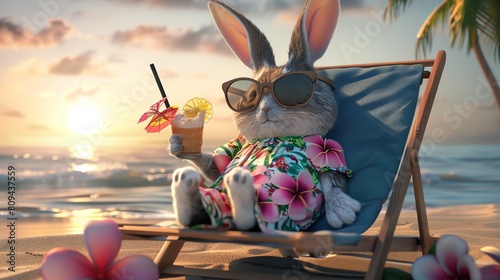 A whimsical rabbit wearing a floral sundress and oversized sunglasses, relaxing on a beach chair with a tropical drink