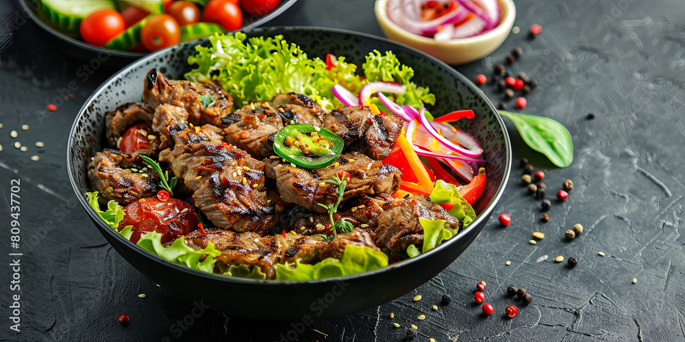 a grilled beef bowl with salad and vegetables on a black background, generative AI a grilled beef bowl with salad and vegetables on a black background, generative AI