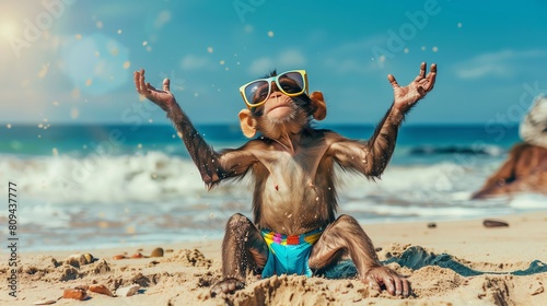  A playful monkey in hipster swim trunks, making sand angels on the beach, with quirky oversized sunglasses