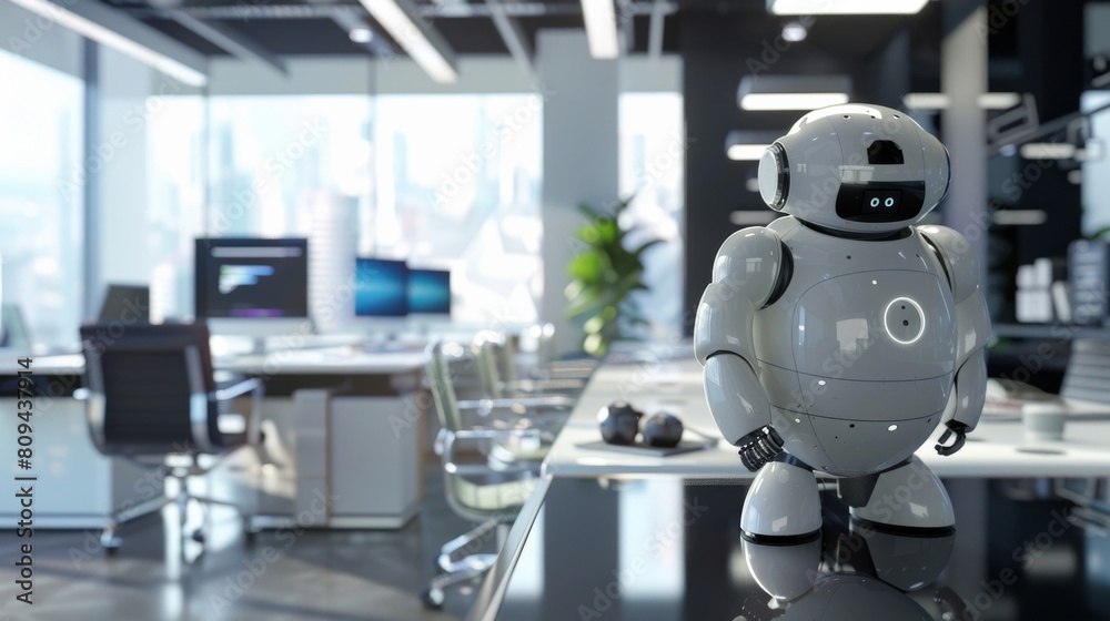 AI robot in a modern office programming itself, styled as minimalist and futuristic AI robot in a modern office programming itself, styled as minimalist and futuristic