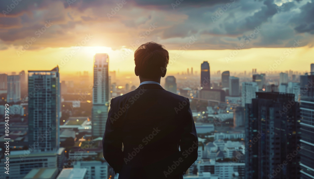 A man in a suit is looking out over a city at the sunset by AI generated image A man in a suit is looking out over a city at the sunset by AI generated image