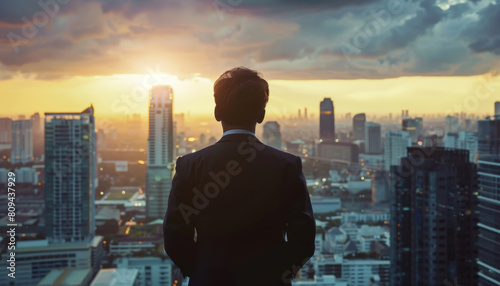 A man in a suit is looking out over a city at the sunset by AI generated image