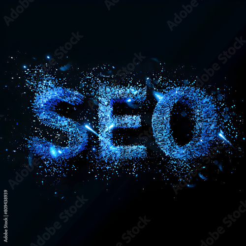 The word SEO made of blue digital particles. An abbreviation for Search Engine Optimization.  © PixelHD