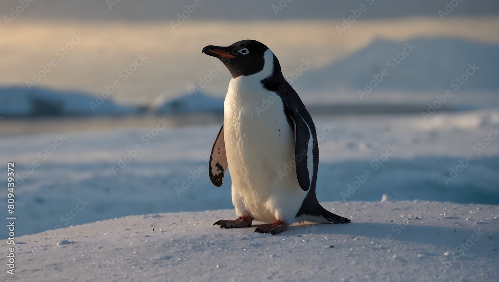 Obraz premium Alone against a canvas of pristine white, a solitary penguin contemplates the vastness of its world ai_generated
