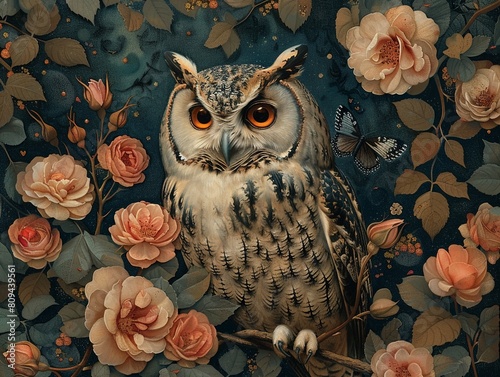 Hand drawn painting of an owl, nestled among roses, with a butterfly, vintage Japanese style, moonlit night, wise and charming photo