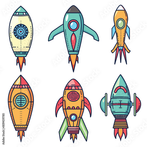 Cartoon rockets colorful space exploration. Retro space ships vector assortment isolated. Handdrawn spacecraft set kids wall art