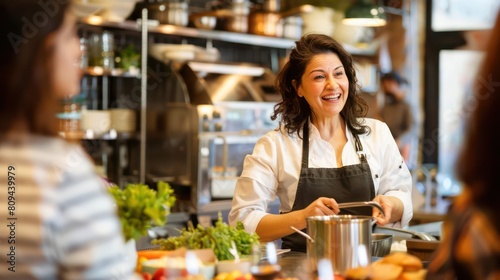 An image of a female chef teaching a cooking class  demonstrating culinary techniques and sharing her passion for food with eager participants in a fun and interactive environment. 