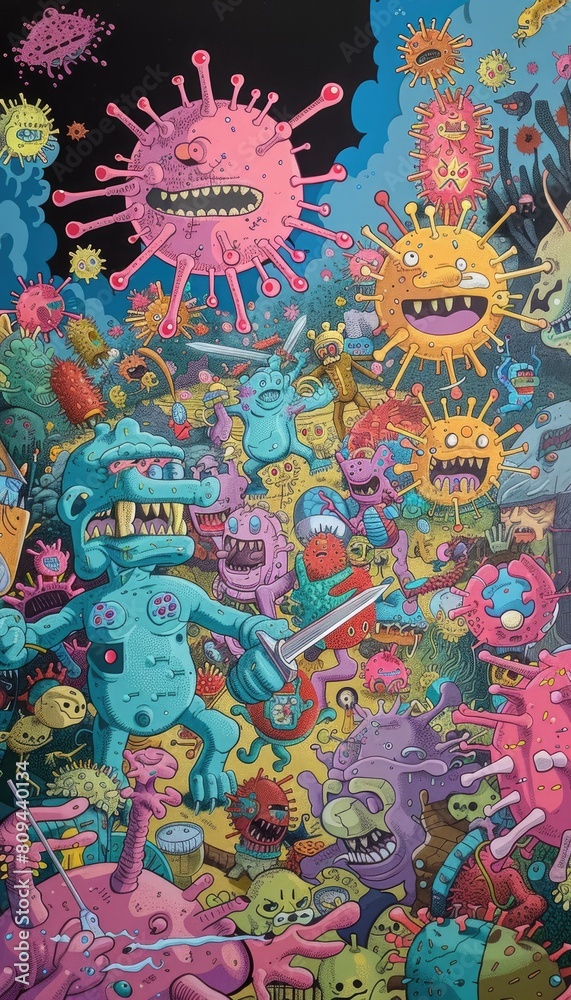 Fototapeta premium Cartoonish Immune System Battle Scene