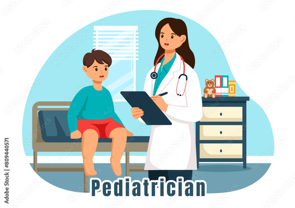 Pediatrician Vector Illustration with Examines Sick Kids for Medical Development, Vaccination and Treatment in Flat Cartoon Background Design Pediatrician Vector Illustration with Examines Sick Kids for Medical Development, Vaccination and Treatment in Flat Cartoon Background Design