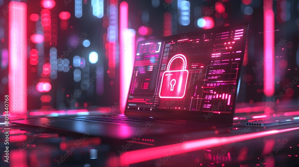 Laptop Screen Displaying Padlock Icon in Vibrant Futuristic Cybersecurity Interface Laptop Screen Displaying Padlock Icon in Vibrant Futuristic Cybersecurity Interface