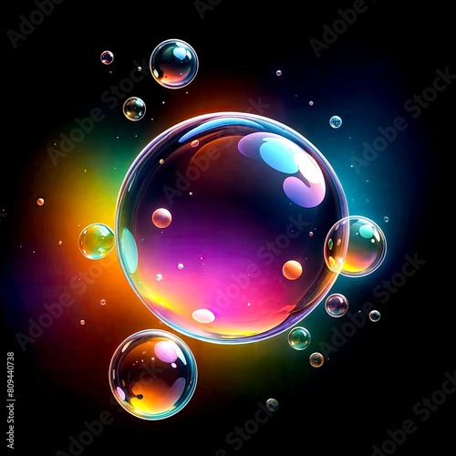 Colorful soap bubbles floating in a dark background