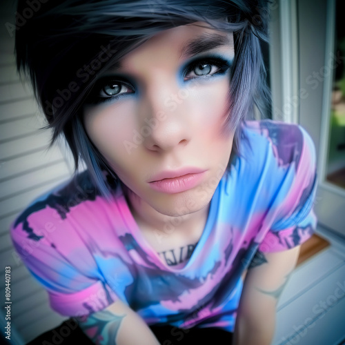 Emo Boy with Striking Blue Eye Makeup Starring Intently Into Camera