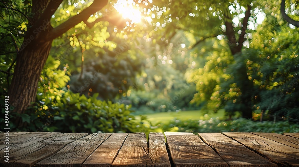 wood table positioned against a blur green tree garden wood table positioned against a blur green tree garden