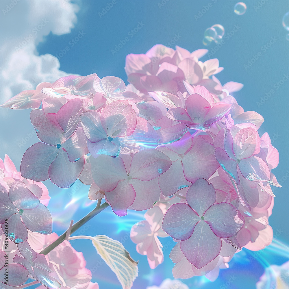 A high-definition digital artwork featuring a close-up view of pink hydrangea flowers set against a backdrop of a clear blue sky and white clouds, with a light blue background.