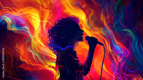 A vocalist silhouette with colorful aura, spiritual music. Anime or digital painting style, looping 4k video animation background