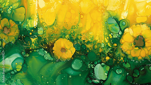 Abstract painting in sunflower yellow and deep green, alcohol ink with oil paint texture.