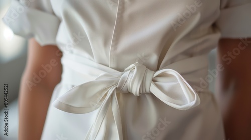 A close-up of a chef's apron cinched at the waist, with the ties forming a neat bow or knot, reflecting attention to detail and precision in culinary presentation