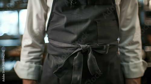 A close-up of a chef's apron cinched at the waist, with the ties forming a neat bow or knot, reflecting attention to detail and precision in culinary presentation. 