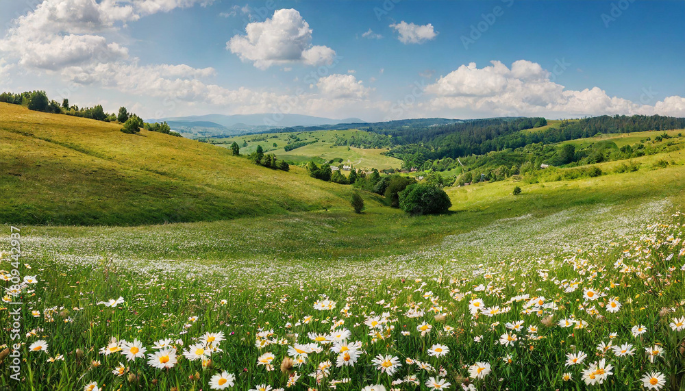 Firefly Beautiful spring and summer natural panoramic pastoral landscape with blooming field of dais Firefly Beautiful spring and summer natural panoramic pastoral landscape with blooming field of dais