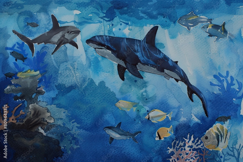 Obraz premium Depths of Water Colours: a watercolour portrait of underwater world, where play of colours creates the illusion of diving into the depths of the ocean, home to mysterious creatures and amazing plants.