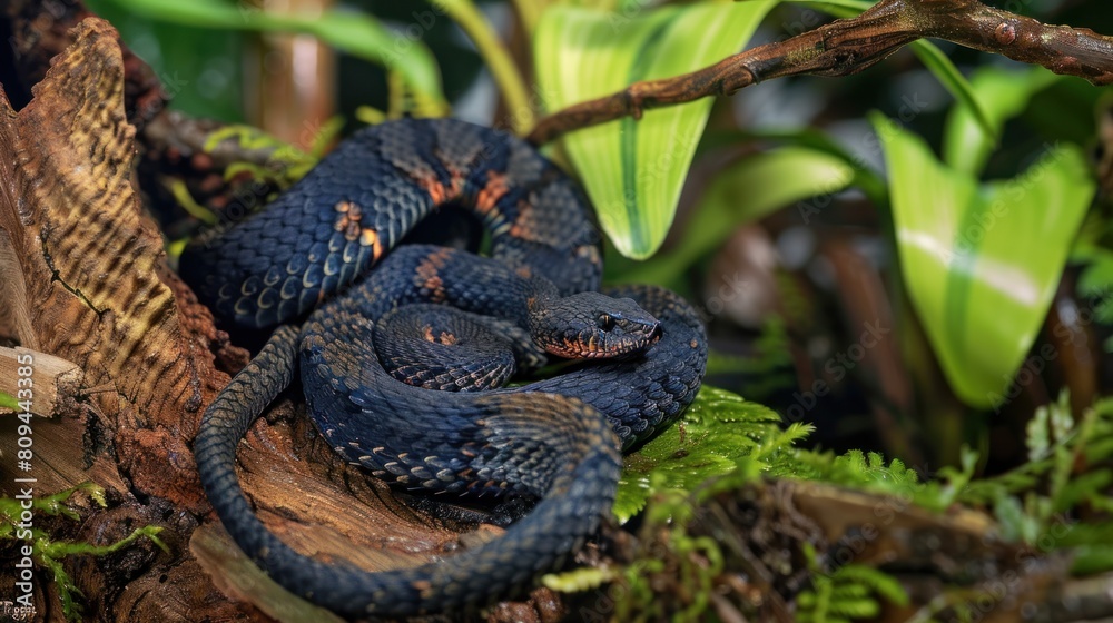 Naklejka premium Portrait of a blue viper snake on a tree