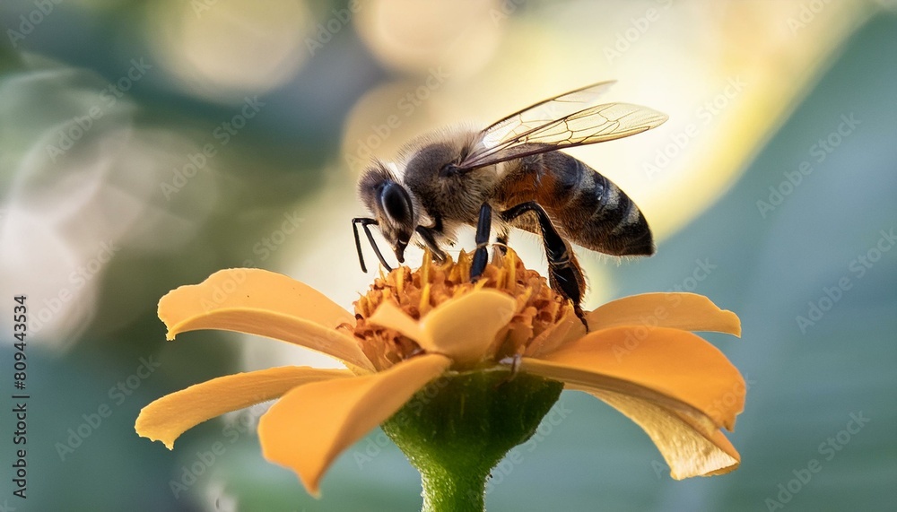 Naklejka premium Close up bee delicately perched on a vibrant marigold petal, its translucent wings catching the warm sunlight filtering through the leave background