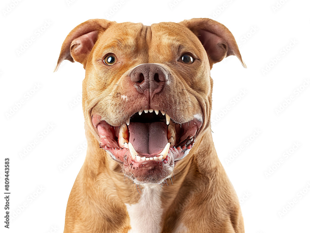 dangerous pit bull dog portrait showing fangs on white background isolated PNG