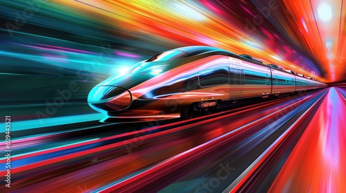 The image symbolically represents speed innovation and the future through an artistic portrayal of a high speed train in dynamic abstract colors