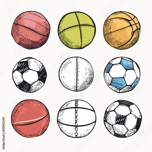 Set various handdrawn sports balls including basketball, tennis, balls. Sketched style sports equipment commonly used basketball, tennis, volleyball. Collection balls, red, yellow
